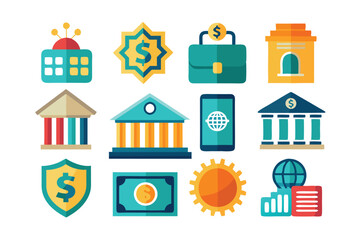 Financial Icons Set with Building, Money, and Global Symbols