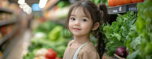 A happy little girl is picking vegetables in the style of supermarket, high resolution