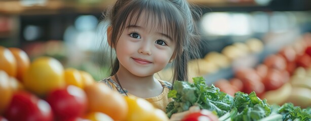 A happy little girl is picking vegetables in the style of supermarket, high resolution