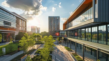 Obraz premium Modern Office Building Complex with Green Space and Sky.