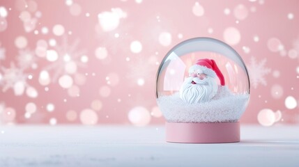A snow globe with Santa Claus inside, against a pink background with snowflakes.
