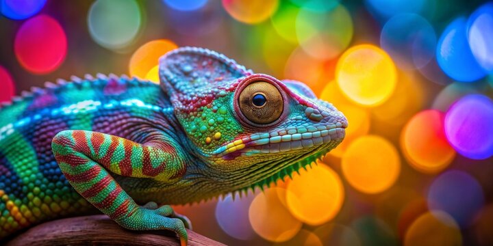 Colorful chameleon blending into a vibrant bokeh background, chameleon, reptile, nature, vibrant, colorful, multicolored