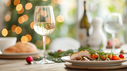 A festive Christmas dinner table with delicious food, green background.