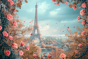 Romantic Eiffel Tower Framed by Blooming Roses in Paris