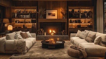 Cozy Living Room with Fireplace and Bookshelves