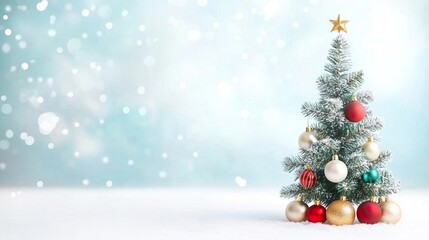 Obraz premium A beautifully decorated Christmas tree with colorful ornaments, snowy background.