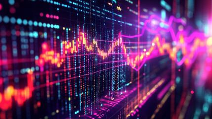 Stock market abstract financial graph with up trend line neon light colour background