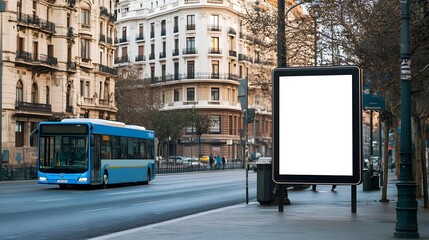 Obraz premium Blank advertising billboard mockup at a bus stop in madrid city,with a blue bus and historical building in the background
