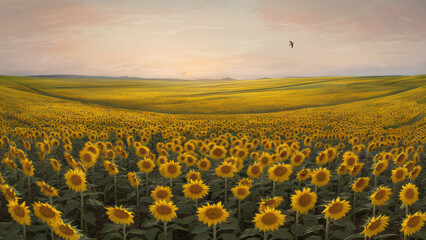 Fototapeta premium A large field of sunflowers with a bird flying over them, AI