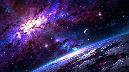 purple stars in space cosmos galaxy background anime cartoon illustration design