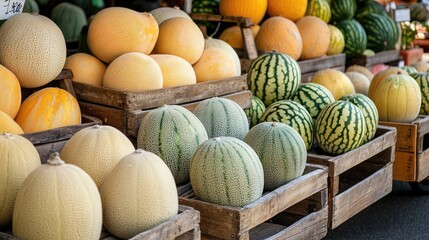 Assorted fresh melons at a farmers market, creating an appealing and colorful scene of local agriculture