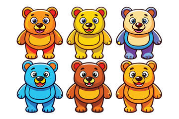 Six Smiling Cartoon Bears in Different Colors