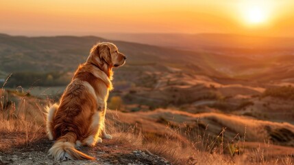 A golden retriever sitting on a hilltop, overlooking a breathtaking sunset with a vast expanse of rolling hills in the background