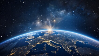 Naklejka premium The Earth from space, focusing on Europe with sunlight shining down and stars in the sky.