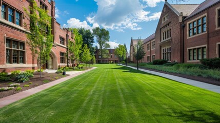 Brick Buildings and Green Grass Lawn