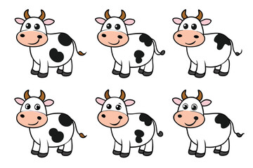 Obraz premium Six Cartoon Cows with Black Spots on a White Background