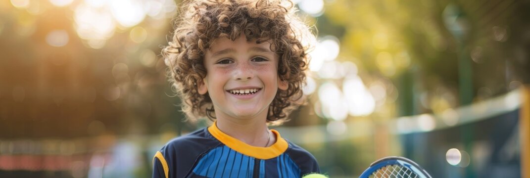 Cheerful curly haired boy in sportswear with padel racket and ball playing on sports ground at daytime