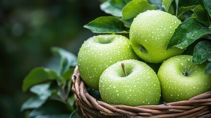 Basket of green apples with water droplets, positioned in a garden setting, emphasizing natural and farm-fresh produce