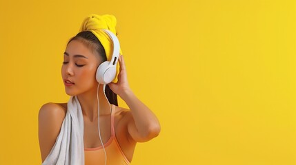Beautiful Asian woman holding towel and wearing headphones, sport concept