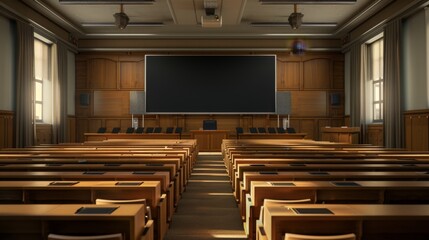 Empty Auditorium with Wooden Desks and Screen.