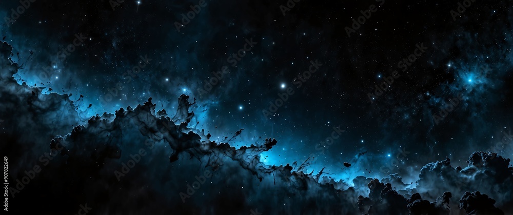 Wall mural blue formation of celestial space galaxy plain black background wide angle panoramic view backdrop c