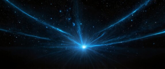 blue motion lights in space galaxy plain black background wide angle panoramic view backdrop copy space