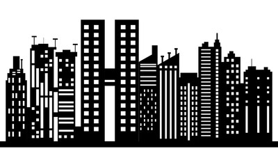 Black and white city silhouette with white background