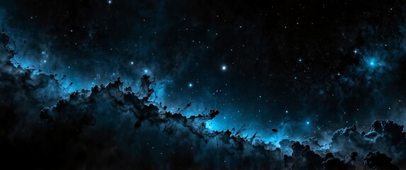 blue formation of celestial space galaxy plain black background wide angle panoramic view backdrop copy space