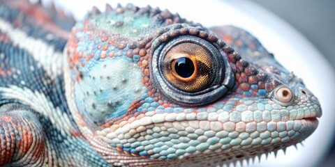 Obraz premium Macro shot of a vibrant chameleon with detailed eye and textured skin, chameleon, macro, vibrant, scales, greens, blues