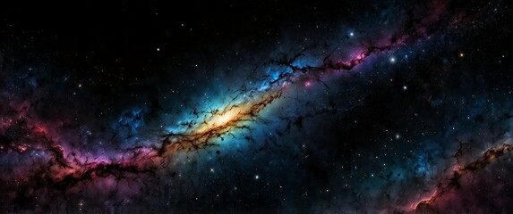 Fototapeta premium colorful formation of celestial space galaxy plain black background wide angle panoramic view backdrop copy space