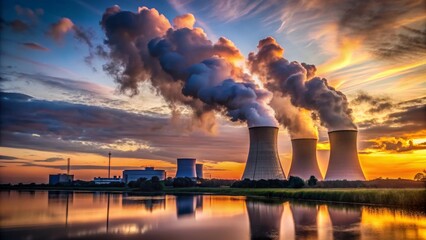 Dusk landscape with a nuclear power plant emitting steam into the sky , nuclear, power plant, energy, industry, technology