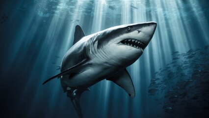 Fototapeta premium A large shark swimming in the ocean with rays of light coming from behind, AI