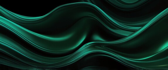 Obraz premium green abstract metallic liquid waves plain black background wide angle panoramic view backdrop copy space