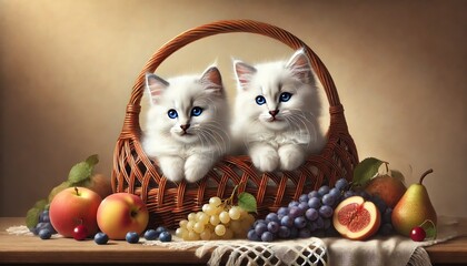 Two white kittens with blue eyes sitting in and around a wicker basket filled with fruits