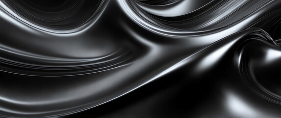 Fototapeta premium silver abstract metallic liquid waves plain black background wide angle panoramic view backdrop copy space