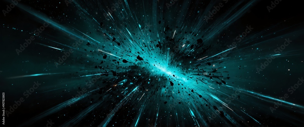 Wall mural teal lights explosion in space galaxy plain black background wide angle panoramic view backdrop copy