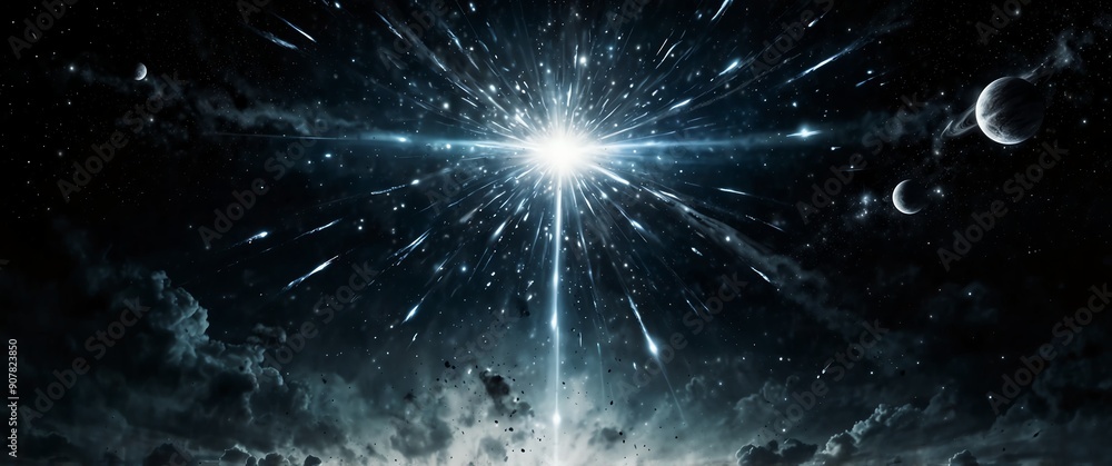 Wall mural white lights explosion in space galaxy plain black background wide angle panoramic view backdrop cop