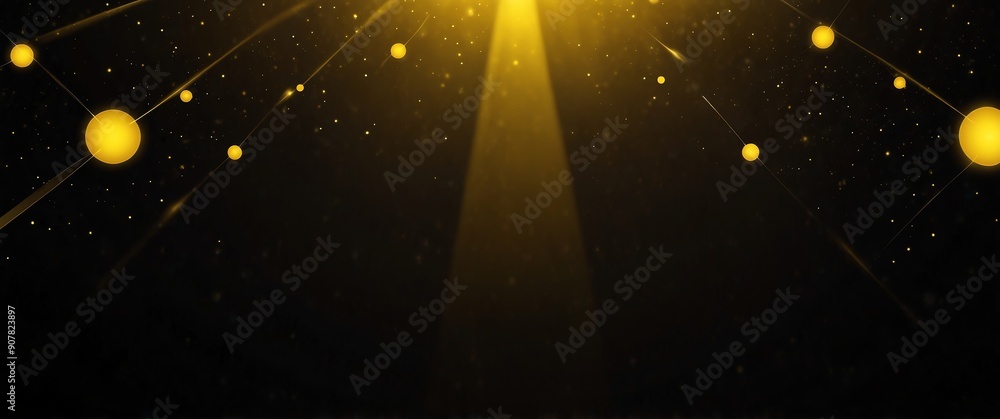 Wall mural yellow abstract lights in space plain black background wide angle panoramic view backdrop copy space