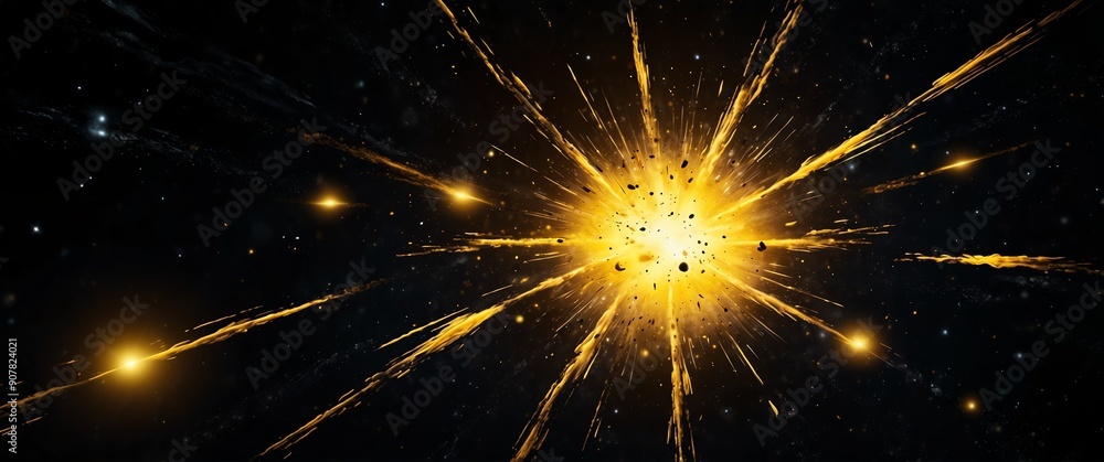 Wall mural yellow lights explosion in space galaxy plain black background wide angle panoramic view backdrop co