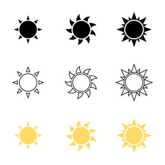 Assorted Sun Icons: Black, Outline, and Yellow