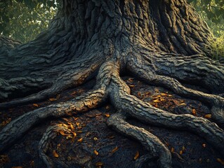 Majestic Giant: Detailed Close-Up of Colossal Tree Trunk and Roots in Realistic Photography and Lighting