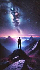 Cosmic Wanderer: Man Standing on Mountain Peak Under Milky Way