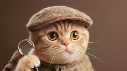 Scottish Fold cat dressed as a detective with a tiny magnifying glass