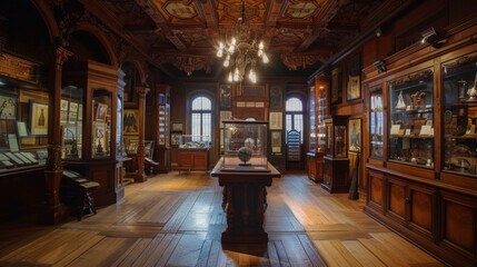 Antique wooden display cabinets in a historical museum.
