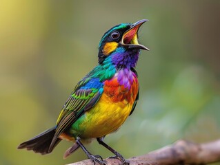 Fototapeta premium Medium shot of Colorful photo of bird with wide opened mouth, themed background, 