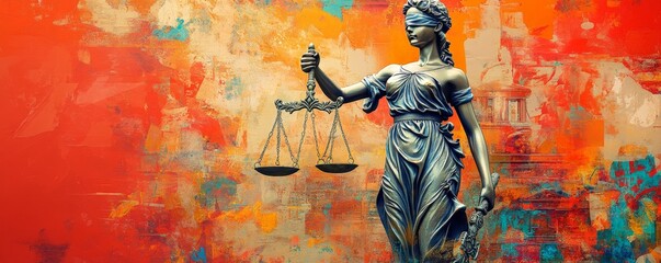 Surreal Justice Statue Collage: Vibrant Abstract Artwork with Unique Textures and Imaginative Elements