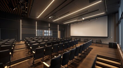 Modern Auditorium with Projector Screen and Black Chairs.