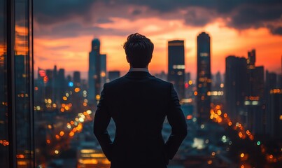 Fototapeta premium A contemplative businessman in a suit gazes out at the city skyline, reflecting on corporate success and strategy