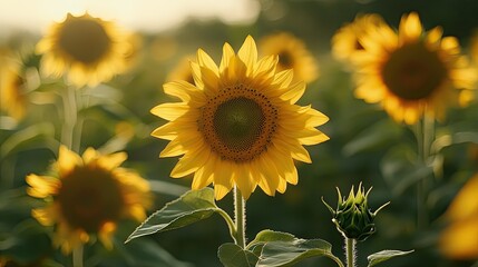 Close-up of sunflowers with one prominent open bloom and surrounding buds, emphasizing natural beauty and development
