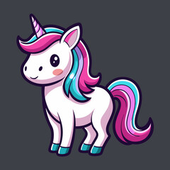 Cute Unicorn Vector Sticker Design with Flat Colors on Black Background
